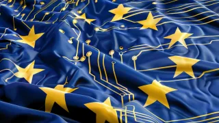 EU flag with digital circuit patterns representing new AI Act guidelines and 10²³ FLOP computational thresholds.