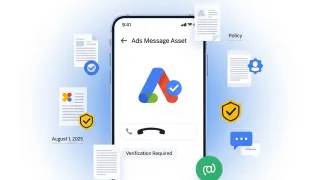 Google Ads message asset interface showing phone verification requirement effective August 1, 2025 policy update