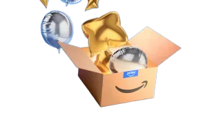 Amazon Prime delivery box with gold and silver balloons celebrating record-breaking four-day Prime Day 2025 sales