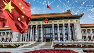 China's government building with digital network overlay representing new DPO registration system for data protection.