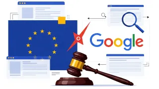 EU flag, Google logo, and judge's gavel illustrating antitrust complaint against AI Overviews feature