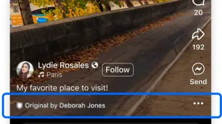 Facebook tests attribution links showing "Original by Deborah Jones" to credit creators and combat content theft.