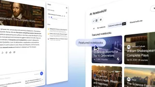 NotebookLM featured notebooks interface showing Shakespeare, earnings reports, and travel guides sections.