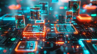 Digital file sharing and cloud storage technology with glowing data streams and AI neural networks