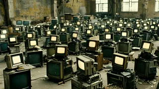 Abandoned newsroom filled with obsolete computers symbolizing AI-generated content replacing human journalism.