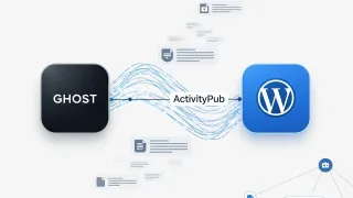 Ghost and WordPress platforms connected via ActivityPub protocol for federated social web publishing.