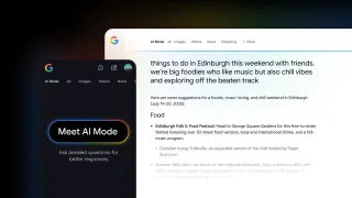 AI Mode interface showing Edinburgh weekend recommendations with food and music suggestions for UK users.