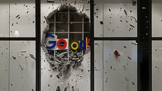 Google logo breaking through office wall amid debris, symbolizing disruptive AI search changes affecting publishers.