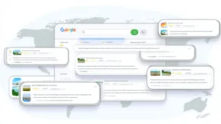 Google search results showing AI Overview boxes positioned at different ranking levels with global map background illustrating variable placement patterns.