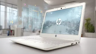 HP laptop displaying holographic advertising analytics and targeting data for new Media Network platform launch.