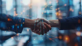 Amazon ad tech partners handshake with digital network connections symbolizing DSP partnership program