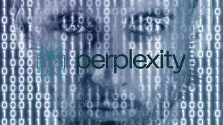 AI-powered face with binary code overlay and Perplexity logo representing future of operating systems