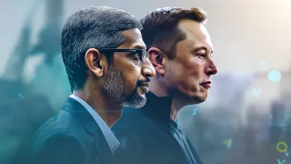 AI leaders Sundar Pichai and Elon Musk in professional portrait highlighting tech industry competition