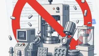 Pharmaceutical pill press machines with red prohibition symbol illustrating Google Ads policy restrictions.