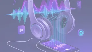 Professional illustration showing audio advertising technology with headphones, sound waves, and mobile analytics dashboard in purple gradient design.