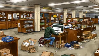 A digital publisher sits alone in an empty office surrounded by packed boxes after business closure due to algorithm changes.