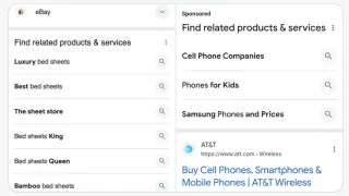 Google's "Find Related Products & Services" ad unit showing before and after sponsored label removal.