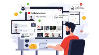 YouTube creator reviewing Partner Program policies with AI content guidelines and monetization compliance indicators.