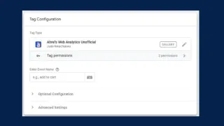 GTM interface showing Ahrefs Web Analytics Unofficial template configuration with event tracking setup
