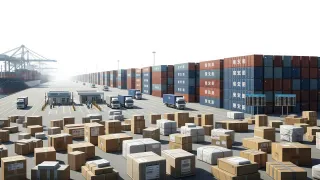 Modern shipping port with cargo containers and e-commerce packages representing US trade policy changes