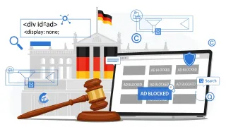 German court gavel with laptop showing blocked ads and code, representing legal dispute over ad blocking software copyright claims in browser technology.