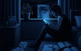 Teen alone at night with phone in dark room, symbolizing digital isolation and mental health crisis