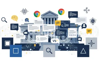 Digital courthouse with Chrome icons, AI chatbots, and data streams illustrating Google antitrust case impact