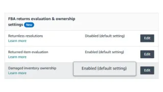 Amazon FBA settings interface showing damaged inventory ownership enabled as default configuration for sellers