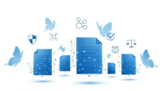 Digital policy documents with network connections and governance icons on white background for social media guidelines