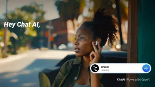 Woman using ChatAI voice assistant on wireless earbuds, demonstrating Bragi's OpenAI-powered audio technology.