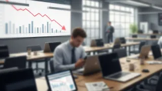 Modern newsroom showing declining website traffic analytics with downward trending graphs and concerned journalists analyzing data on laptops.