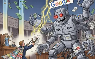 Dotdash Meredith lawyer battles Google's ad tech monopoly robot in courtroom antitrust showdown cartoon