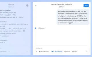 Gemini AI shows Guided Learning mode helping student solve rocket physics homework step-by-step vs direct answers