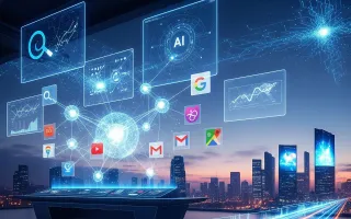 Futuristic AI advertising control room with holographic Google platform displays and digital cityscape