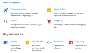 Google Ads API documentation shows campaign types (Performance Max, Demand Gen, Search, Shopping) and key developer resources sections.
