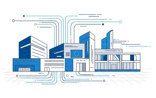 Digital illustration showing EU regulatory buildings with API data flows for Google Ads political advertising rules.