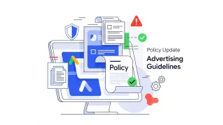 Google Ads policy update illustration showing advertising guidelines documentation and compliance checkmarks on computer screen