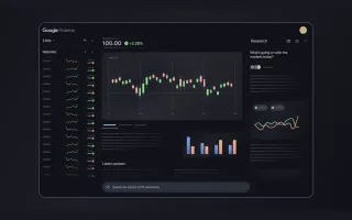 AI-powered Google Finance interface showing candlestick charts, watchlists, and research tools in dark mode