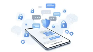 Google Gemini app privacy settings with chat bubbles, security shields and AI brain icons on white background