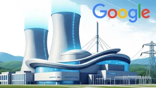 Modern nuclear reactor facility with Google logo showing advanced clean energy partnership for data centers