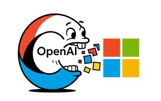 OpenAI character consuming Microsoft logo pieces, illustrating Musk's prediction of AI dominance over tech giant