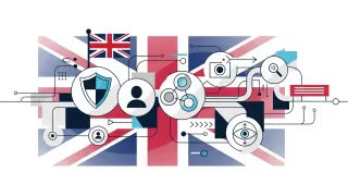 UK flag with digital privacy icons showing data protection and online safety compliance systems.