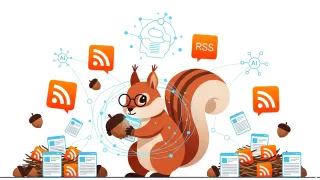 AI-powered squirrel gathering RSS feeds represents Scour's semantic content aggregation technology revival.