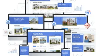 Real estate website interfaces showing integrated digital advertising for home insurance, mortgages and services.