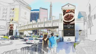 Vegas Strip Tower Network LED displays positioned on pedestrian bridges targeting 40M annual visitors.