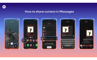 Spotify Messages interface showing step-by-step content sharing process from Now Playing to chat conversations.
