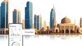 Middle Eastern cityscape with Google Ads dashboard showing digital advertising growth and connectivity