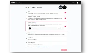 TikTok For Business setup interface showing Amazon integration for Buy with Prime checkout and MCF fulfillment services.