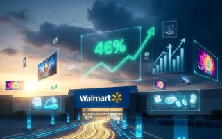 Walmart store with digital advertising growth visualization showing 46% revenue surge and AI tech