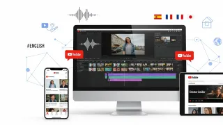 YouTube Studio interface showing video editing timeline with automatic dubbing and community posts across devices